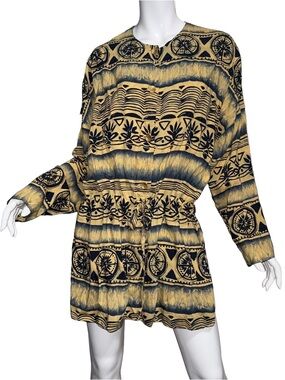 💖Vintage Baronesa Statement Boho Printed Button Up Drawstring Tunic Retro Indie